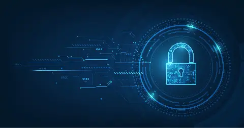 Padlock With Keyhole icon in. personal data security Illustrates cyber data or information privacy idea. blue color abstract hi speed internet technology.